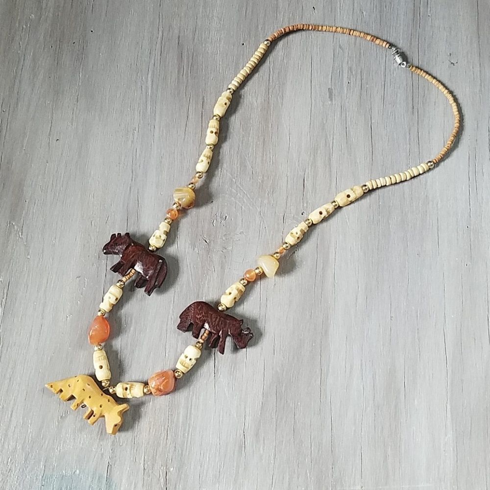Rhino and cheetah African Style carved necklace
